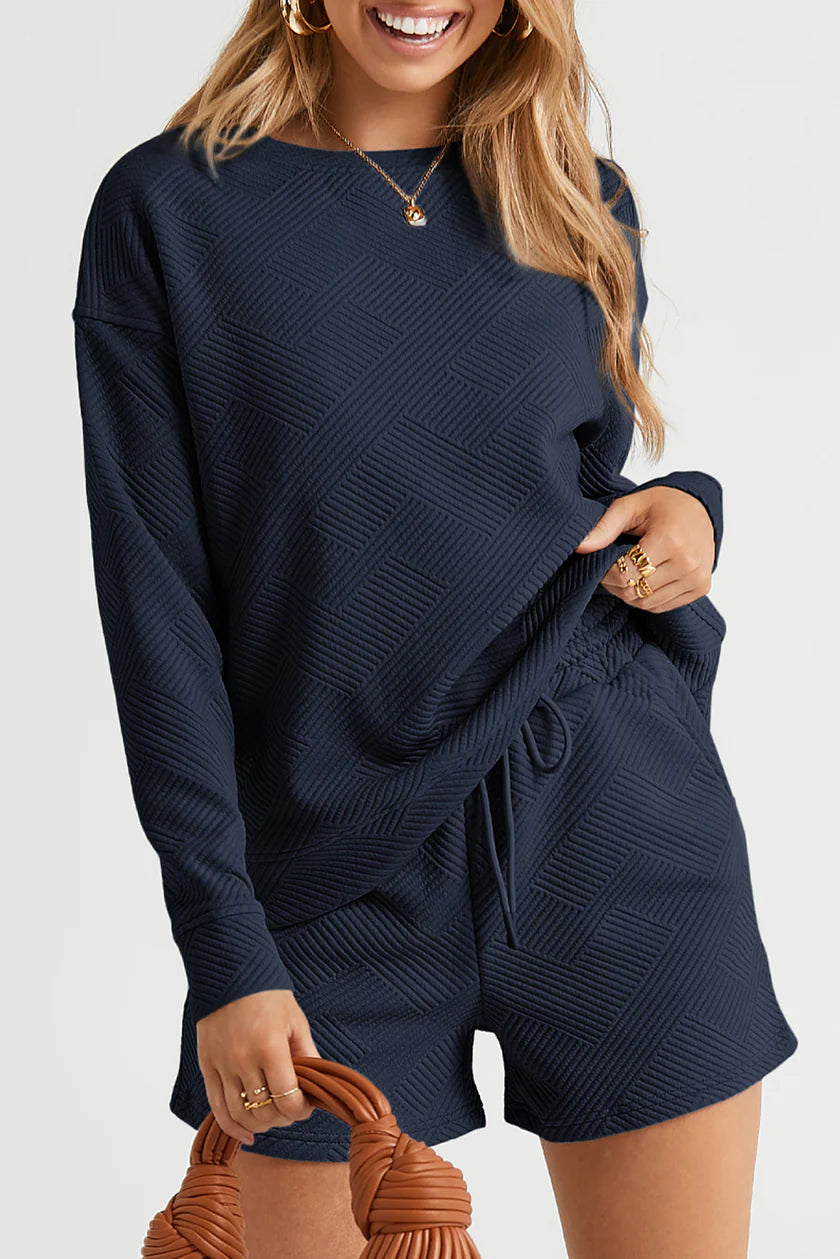 Textured Long-sleeve Top & Shorts Set