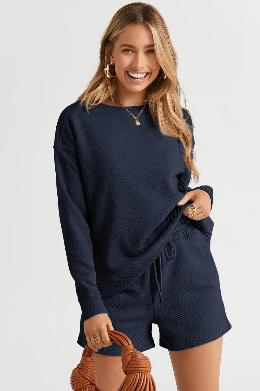 Textured Long-sleeve Top & Shorts Set