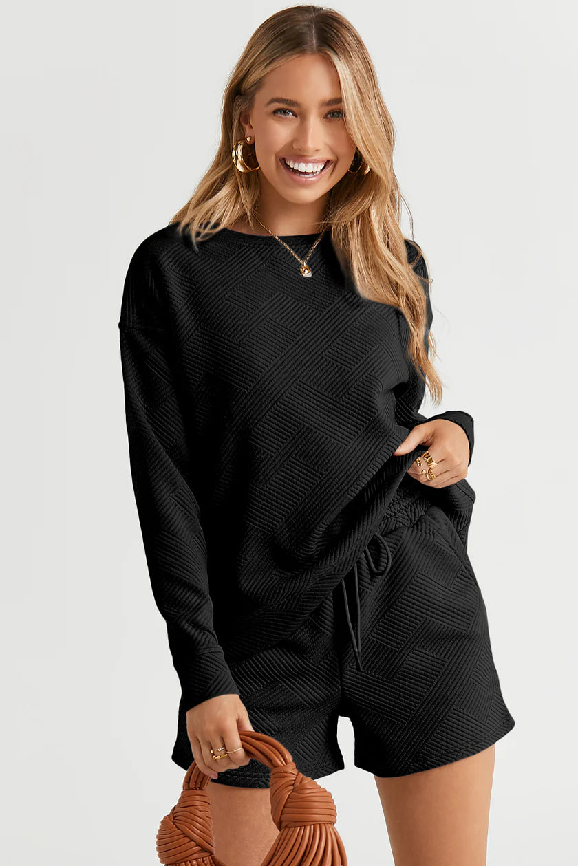 Textured Long-sleeve Top & Shorts Set