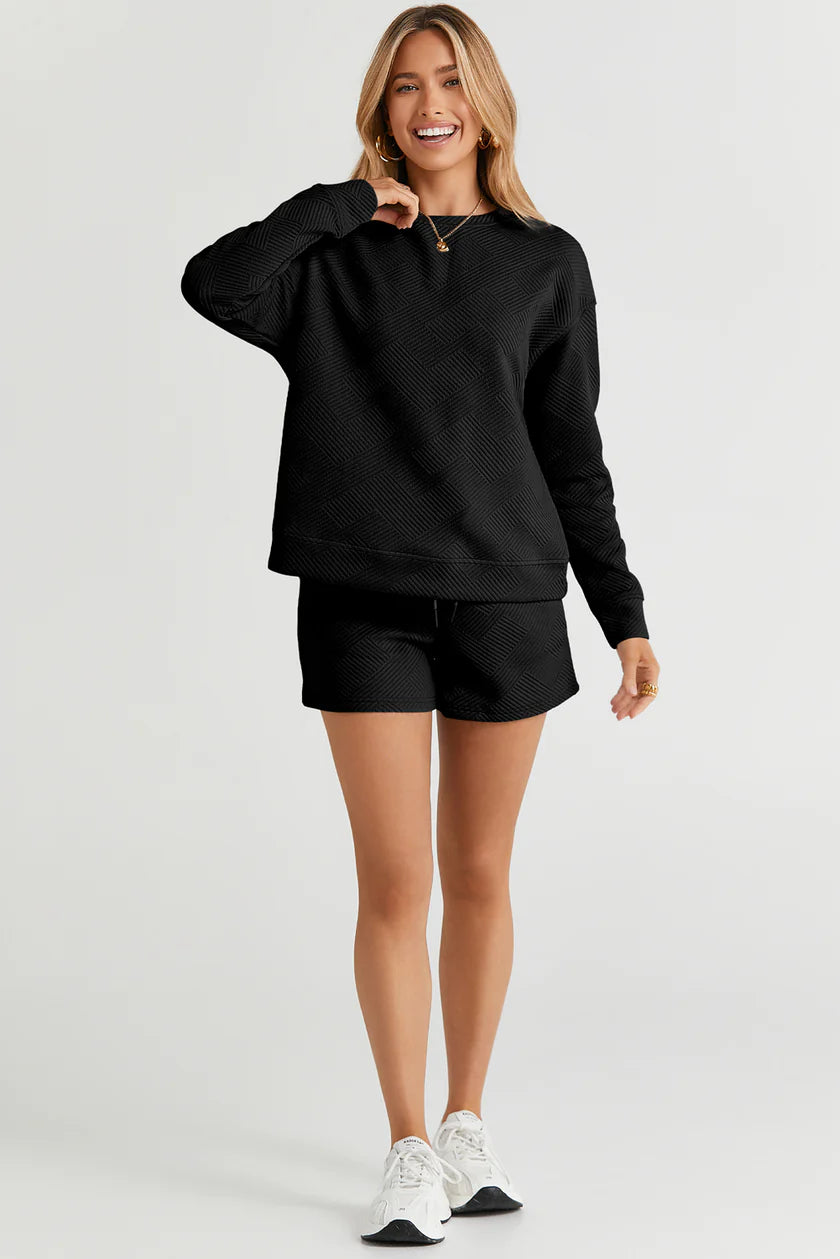 Textured Long-sleeve Top & Shorts Set